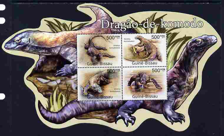 Guinea - Bissau 2011 Komodo Dragons special shaped perf sheetlet containing 4 values unmounted mint , stamps on shaped, stamps on reptiles, stamps on dragons