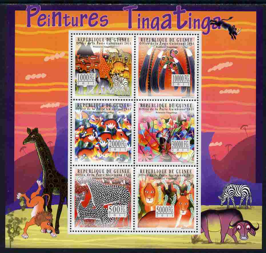 Guinea - Conakry 2011 Tinga Tinga perf sheetlet containing 6 values unmounted mint, stamps on cartoons, stamps on films, stamps on movies, stamps on  tv , stamps on children, stamps on fairy tales, stamps on animals, stamps on giraffes, stamps on zebra