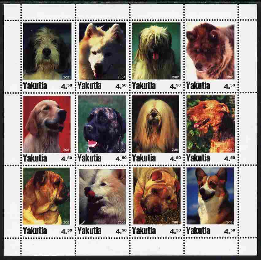 Sakha (Yakutia) Republic 2001 Dogs #4 perf sheetlet containing complete set of 12 values unmounted mint, stamps on , stamps on  stamps on dogs