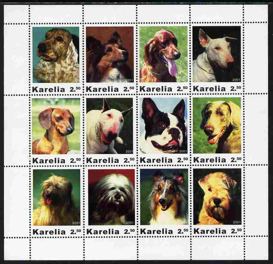 Karelia Republic 2001 Dogs #2 perf sheetlet containing complete set of 12 values unmounted mint, stamps on , stamps on  stamps on dogs