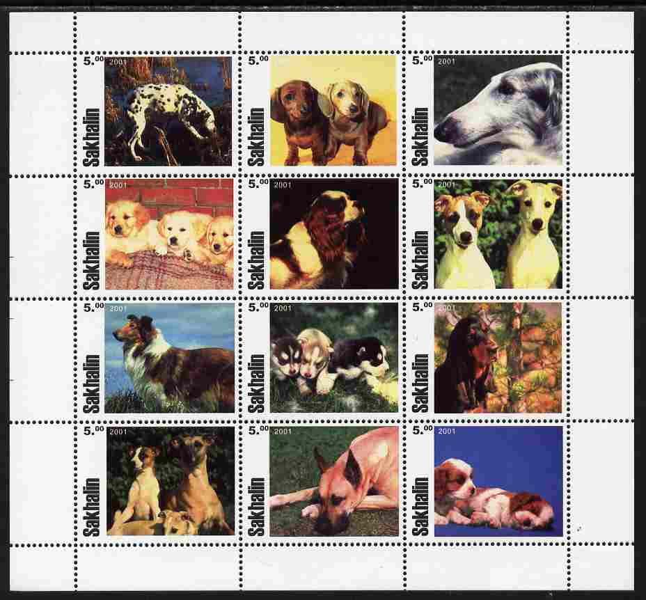 Sakhalin Isle 2001 Dogs perf sheetlet containing complete set of 12 values unmounted mint, stamps on , stamps on  stamps on dogs