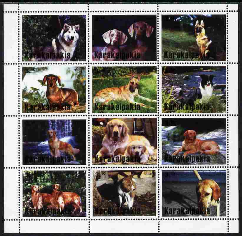 Karakalpakia Republic 2001 Dogs perf sheetlet containing complete set of 12 values unmounted mint, stamps on , stamps on  stamps on dogs