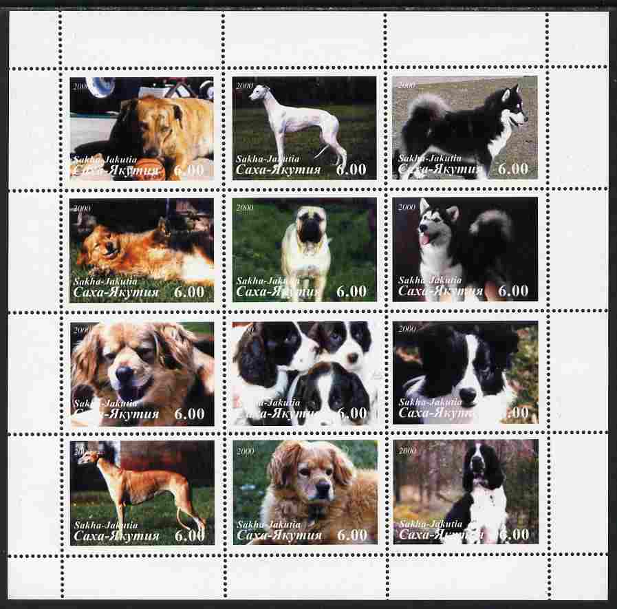 Sakha (Yakutia) Republic 2001 Dogs #5 perf sheetlet containing complete set of 12 values unmounted mint, stamps on , stamps on  stamps on dogs