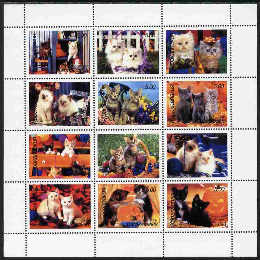 Karakalpakia Republic 2000 Domestic Cats perf sheetlet containing complete set of 12 values unmounted mint, stamps on cats