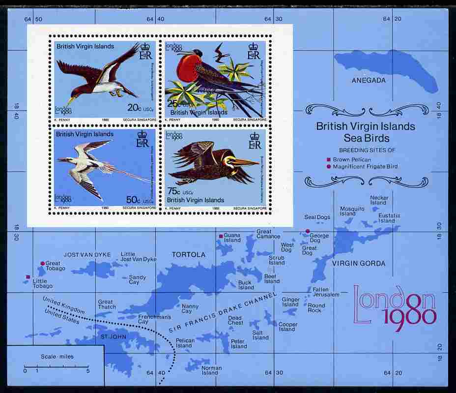 British Virgin Islands 1980 London 1980 Stamp Exhibition (Birds) m/sheet unmounted mint, SG MS443, stamps on stamp exhibitions, stamps on birds, stamps on maps