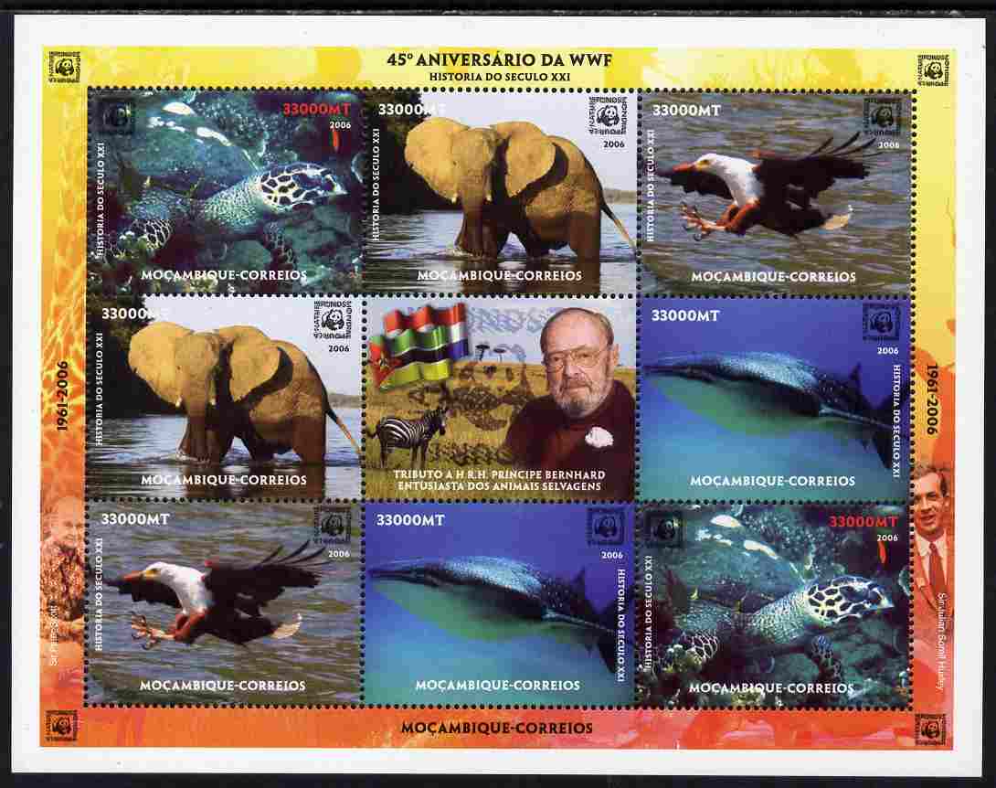 Mozambique 2006 WWF 45th Anniversary perf sheetlet containing 8 values (2 sets of 4) plus label unmounted mint , stamps on , stamps on  stamps on , stamps on  stamps on  wwf , stamps on  stamps on birds, stamps on  stamps on eagles, stamps on  stamps on elephants, stamps on  stamps on animals, stamps on  stamps on birds of prey, stamps on  stamps on turtles, stamps on  stamps on 