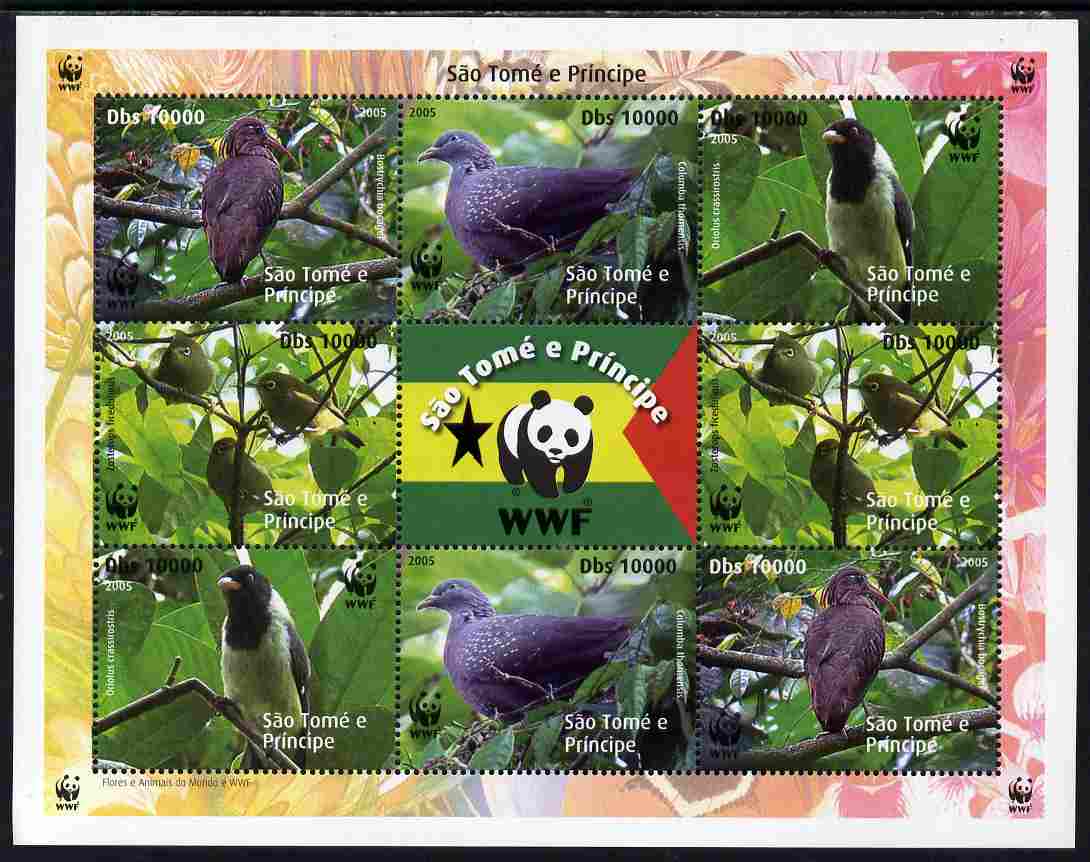 St Thomas & Prince Islands 2005 WWF - Local Bird Species perf sheetlet containing 2 sets of 4 plus label unmounted mint , stamps on , stamps on  stamps on birds, stamps on  stamps on  wwf , stamps on  stamps on pigeons, stamps on  stamps on orioles