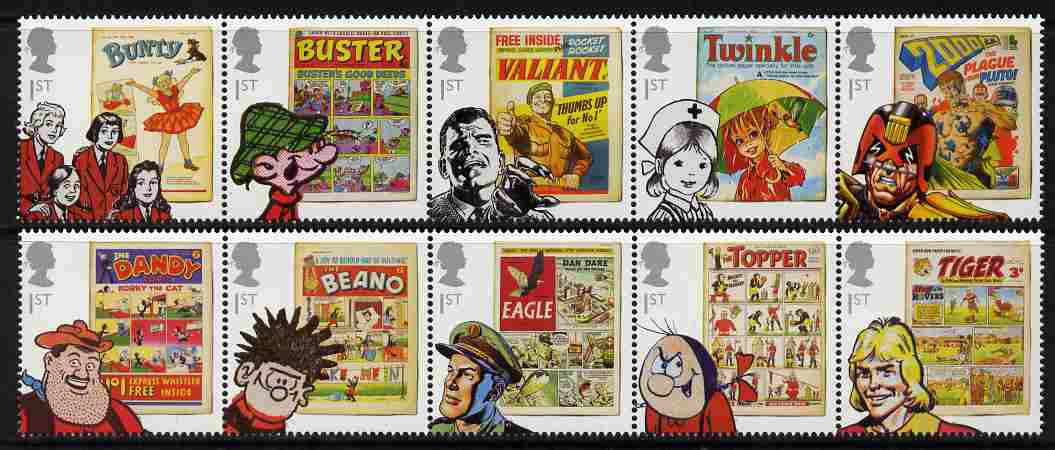 Great Britain 2012 Comics set of 10 (two se-tenant strips of 5) unmounted mint, stamps on , stamps on  stamps on comics, stamps on  stamps on literature