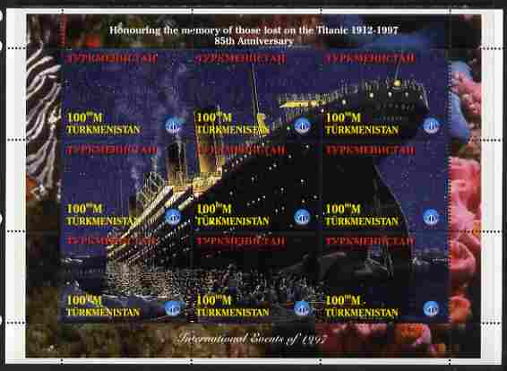 Turkmenistan 1997 85th Anniversary of Sinking of RMS Titanic perf composite sheetlet containing 9 values unmounted mint. Note this item is privately produced and is offer..., stamps on ships, stamps on disasters