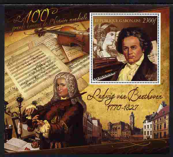 Gabon 2010-12 Greatest Personalities in World History - Ludwig van Beethoven large perf s/sheet unmounted mint, stamps on personalities, stamps on beethoven, stamps on opera, stamps on music, stamps on composers, stamps on deaf, stamps on disabled, stamps on masonry, stamps on masonics