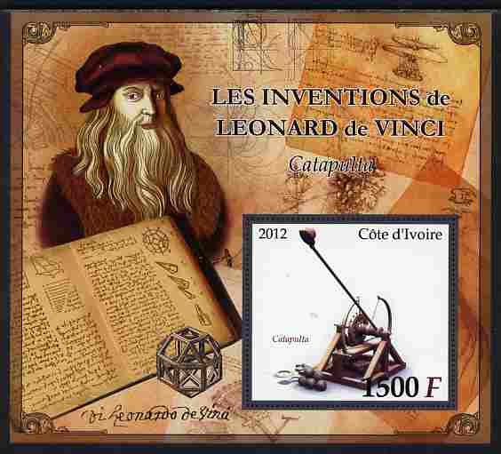 Ivory Coast 2012 Inventions of Leonardo da Vinci #1 Catapult large perf s/sheet unmounted mint, stamps on , stamps on  stamps on personalities, stamps on  stamps on leonardo, stamps on  stamps on da vinci, stamps on  stamps on arts, stamps on  stamps on science, stamps on  stamps on maths, stamps on  stamps on sculpture, stamps on  stamps on inventor