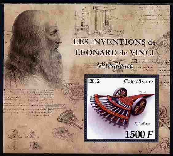 Ivory Coast 2012 Inventions of Leonardo da Vinci #3 Machine Gun large perf s/sheet unmounted mint, stamps on personalities, stamps on leonardo, stamps on da vinci, stamps on arts, stamps on science, stamps on maths, stamps on sculpture, stamps on inventor, stamps on militaria