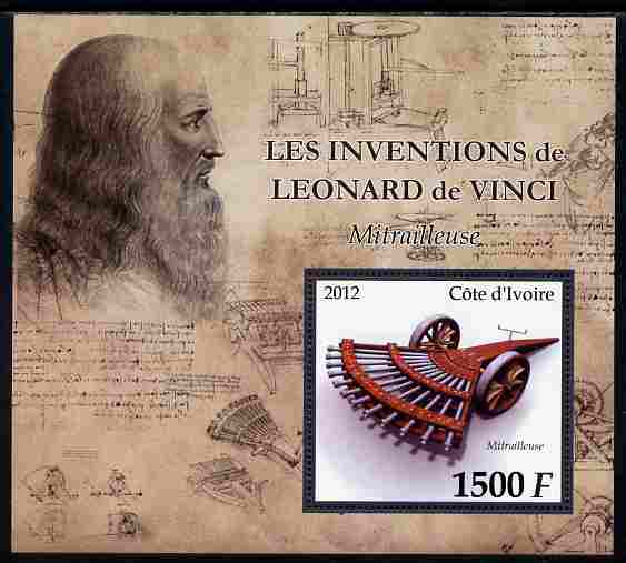 Ivory Coast 2012 Inventions of Leonardo da Vinci #3 Machine Gun large perf s/sheet unmounted mint, stamps on , stamps on  stamps on personalities, stamps on  stamps on leonardo, stamps on  stamps on da vinci, stamps on  stamps on arts, stamps on  stamps on science, stamps on  stamps on maths, stamps on  stamps on sculpture, stamps on  stamps on inventor, stamps on  stamps on militaria