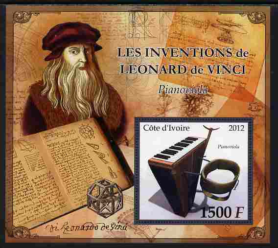 Ivory Coast 2012 Inventions of Leonardo da Vinci #6 Pianoviola large perf s/sheet unmounted mint, stamps on personalities, stamps on leonardo, stamps on da vinci, stamps on arts, stamps on science, stamps on maths, stamps on sculpture, stamps on inventor, stamps on music, stamps on musical instruments