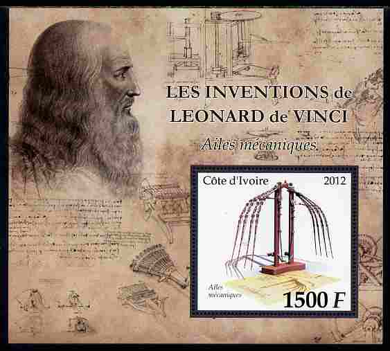 Ivory Coast 2012 Inventions of Leonardo da Vinci #7 Mechanical Wings large perf s/sheet unmounted mint, stamps on personalities, stamps on leonardo, stamps on da vinci, stamps on arts, stamps on science, stamps on maths, stamps on sculpture, stamps on inventor, stamps on aviation