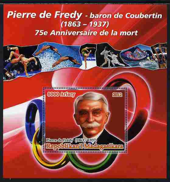 Madagascar 2012 75th Death Anniversary of Pierre de Coubertin large perf s/sheet unmounted mint, stamps on , stamps on  stamps on personalities, stamps on  stamps on olympics, stamps on  stamps on wrestling, stamps on  stamps on gymnastics, stamps on  stamps on swimming, stamps on  stamps on fencing, stamps on  stamps on volley ball