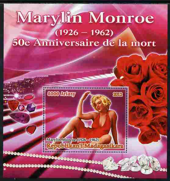 Madagascar 2012 50th Death Anniversary of Marilyn Monroe large perf s/sheet unmounted mint, stamps on , stamps on  stamps on personalities, stamps on  stamps on films, stamps on  stamps on cinema, stamps on  stamps on movies, stamps on  stamps on music, stamps on  stamps on marilyn, stamps on  stamps on monroe, stamps on  stamps on minerals