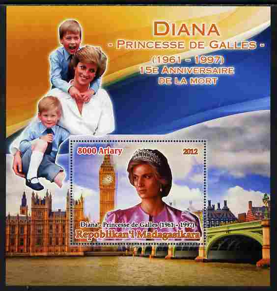 Madagascar 2012 15th Death Anniversary of Princess Diana large perf s/sheet unmounted mint, stamps on , stamps on  stamps on personalities, stamps on  stamps on diana, stamps on  stamps on royalty, stamps on  stamps on women, stamps on  stamps on william, stamps on  stamps on harry, stamps on  stamps on london