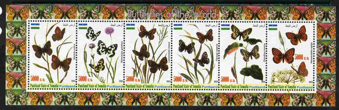 Puntland State of Somalia 2011 Butterflies of the World #1 perf sheetlet containing 6 values unmounted mint, stamps on , stamps on  stamps on butterflies