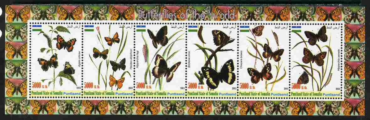 Puntland State of Somalia 2011 Butterflies of the World #2 perf sheetlet containing 6 values unmounted mint, stamps on , stamps on  stamps on butterflies