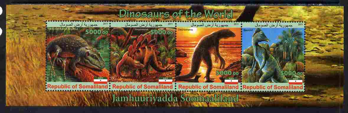 Somaliland 2011 Dinosaurs perf sheetlet containing 4 values unmounted mint. Note this item is privately produced and is offered purely on its thematic appeal, stamps on , stamps on  stamps on dinosaurs