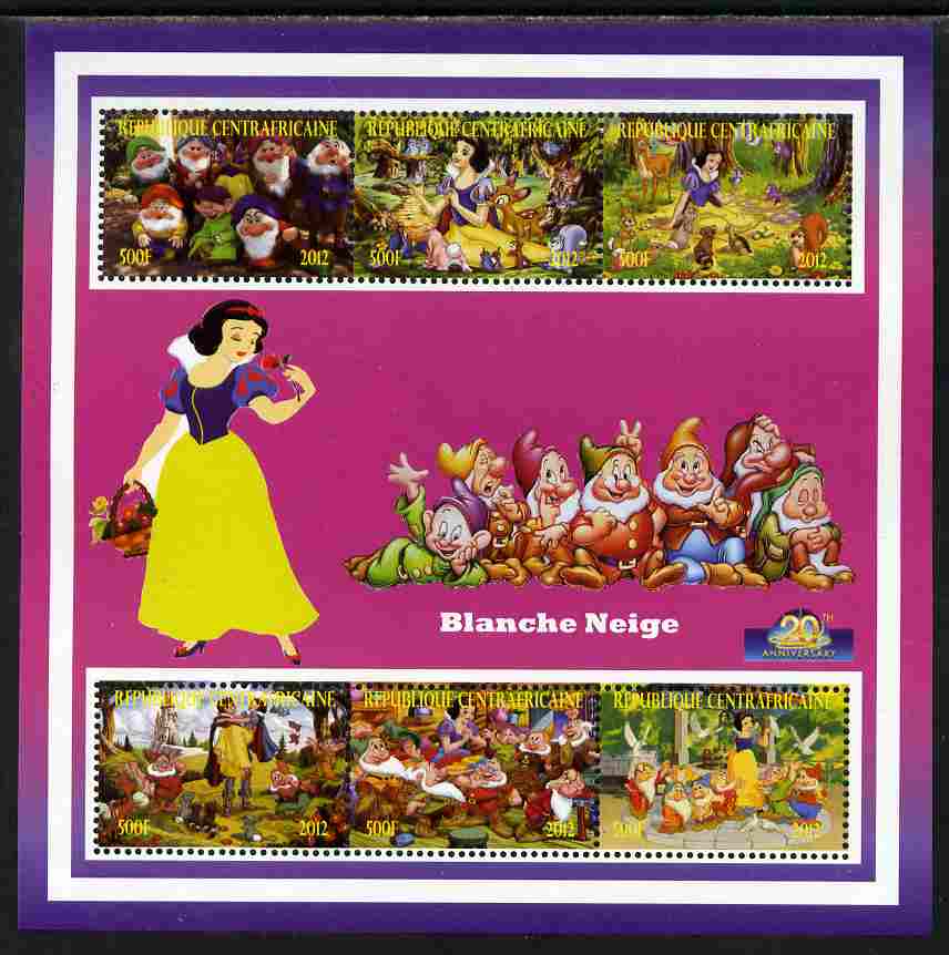 Central African Republic 2012 Snow White - 20th Anniversary of Disneyland Paris perf sheetlet containing 6 values unmounted mint. Note this item is privately produced and is offered purely on its thematic appeal, stamps on , stamps on  stamps on disney