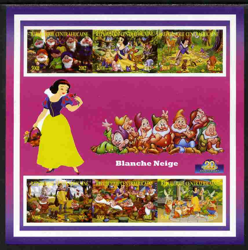 Central African Republic 2012 Snow White - 20th Anniversary of Disneyland Paris imperf sheetlet containing 6 values unmounted mint. Note this item is privately produced and is offered purely on its thematic appeal, it has no postal validity, stamps on , stamps on  stamps on disney