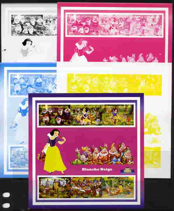Central African Republic 2012 Snow White - 20th Anniversary of Disneyland Paris sheetlet containing 6 values - the set of 5 imperf progressive proofs comprising the 4 individual colours plus all 4-colour composite, unmounted mint , stamps on disney