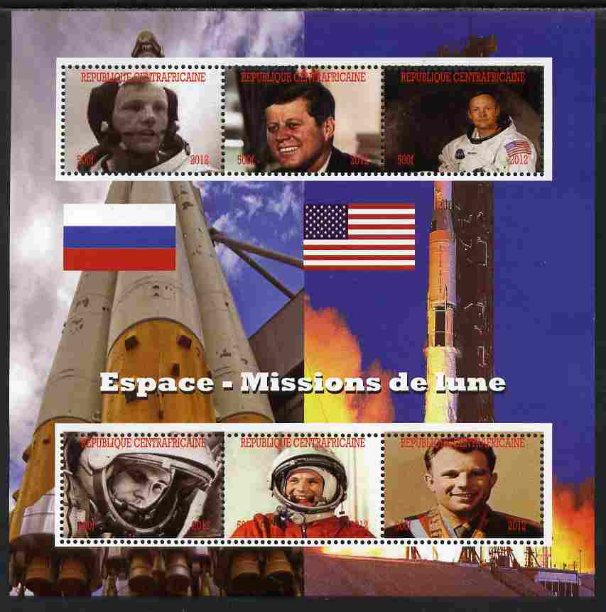 Central African Republic 2012 Mission to the Moon perf sheetlet containing 6 values unmounted mint. Note this item is privately produced and is offered purely on its them..., stamps on space, stamps on apollo, stamps on kennedy
