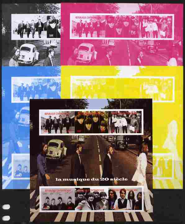 Central African Republic 2012 Music of the 20th Century - The Beatles sheetlet containing 6 values - the set of 5 imperf progressive proofs comprising the 4 individual co..., stamps on personalities, stamps on beatles, stamps on pops, stamps on music, stamps on rock, stamps on boxing