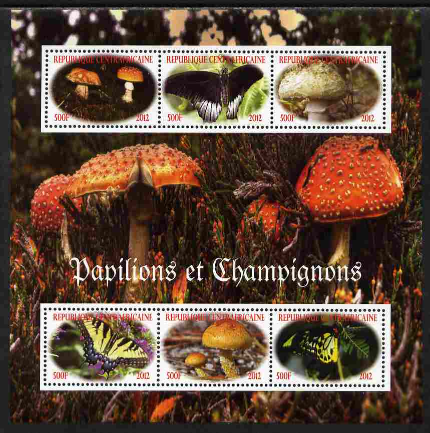 Central African Republic 2012 Mushrooms & Butterflies perf sheetlet containing 6 values unmounted mint. Note this item is privately produced and is offered purely on its thematic appeal, stamps on , stamps on  stamps on fungi, stamps on  stamps on butterflies