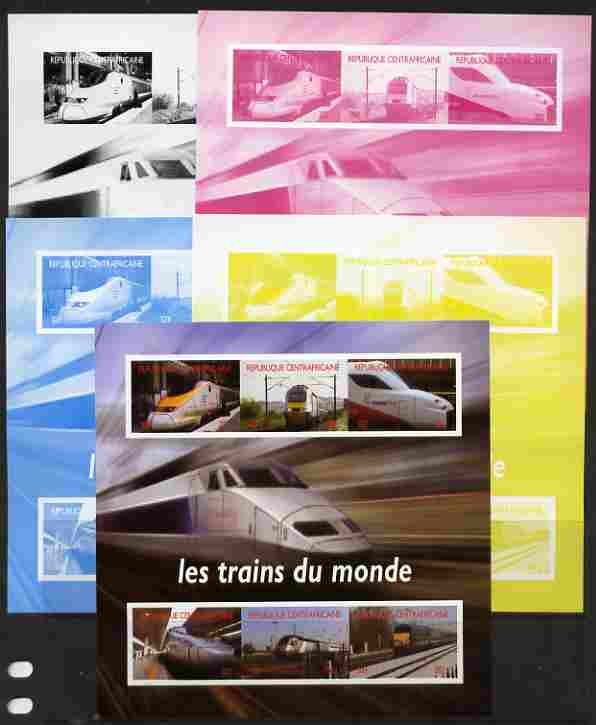 Central African Republic 2012 Trains of the World #1 sheetlet containing 6 values - the set of 5 imperf progressive proofs comprising the 4 individual colours plus all 4-colour composite, unmounted mint , stamps on , stamps on  stamps on railways