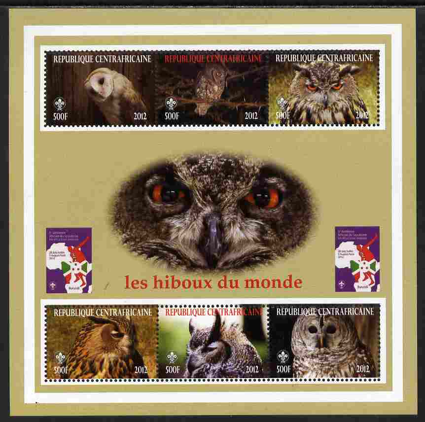 Central African Republic 2012 Owls of the World with Scouts Logo perf sheetlet containing 6 values unmounted mint. Note this item is privately produced and is offered purely on its thematic appeal, stamps on , stamps on  stamps on birds, stamps on  stamps on birds of prey, stamps on  stamps on owls, stamps on  stamps on scouts