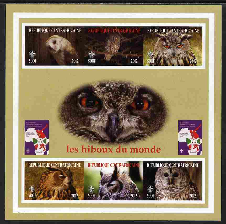 Central African Republic 2012 Owls of the World with Scouts Logo imperf sheetlet containing 6 values unmounted mint. Note this item is privately produced and is offered p..., stamps on birds, stamps on birds of prey, stamps on owls, stamps on scouts