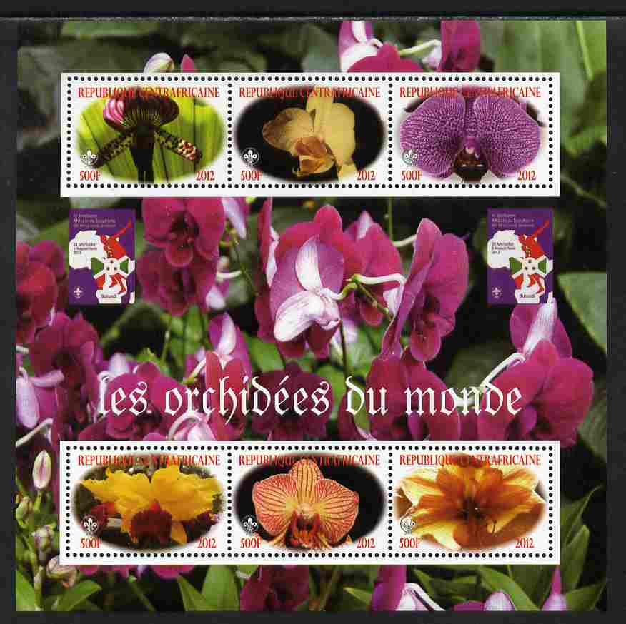 Central African Republic 2012 Orchids of the World perf sheetlet containing 6 values unmounted mint. Note this item is privately produced and is offered purely on its thematic appeal, stamps on , stamps on  stamps on flowers, stamps on  stamps on orchids