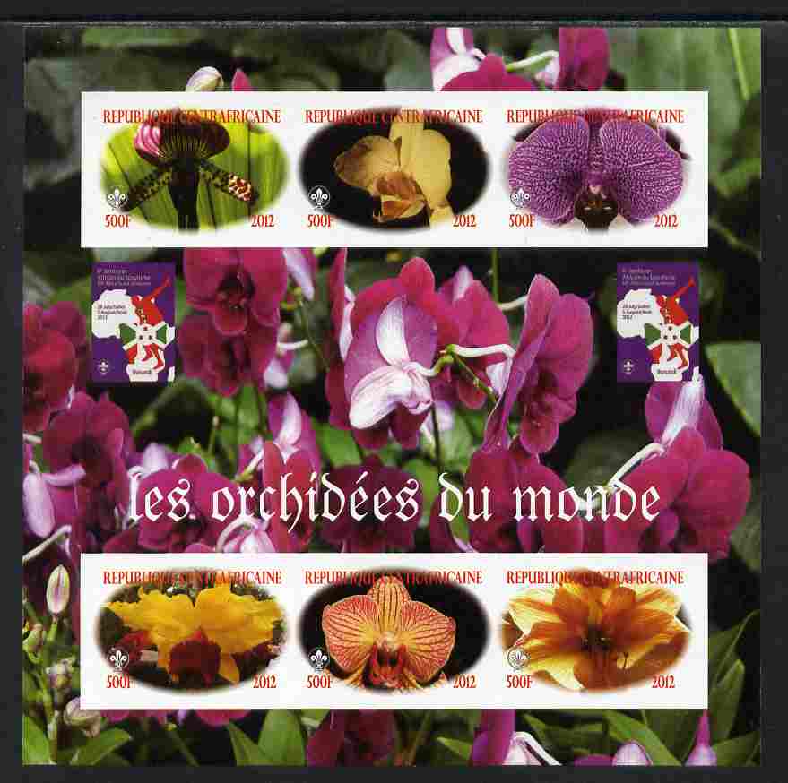 Central African Republic 2012 Orchids of the World imperf sheetlet containing 6 values unmounted mint. Note this item is privately produced and is offered purely on its thematic appeal, it has no postal validity, stamps on flowers, stamps on orchids