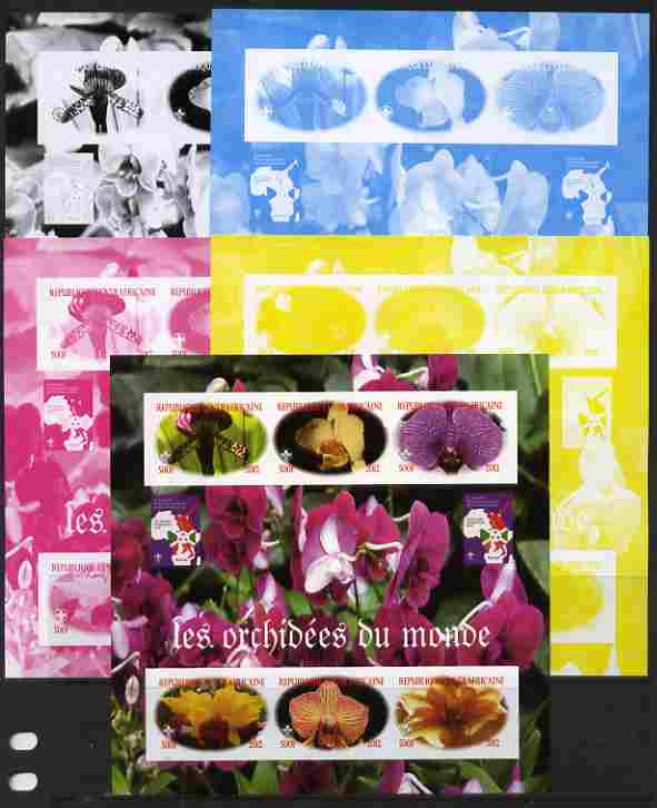 Central African Republic 2012 Orchids of the World sheetlet containing 6 values - the set of 5 imperf progressive proofs comprising the 4 individual colours plus all 4-colour composite, unmounted mint , stamps on flowers, stamps on orchids