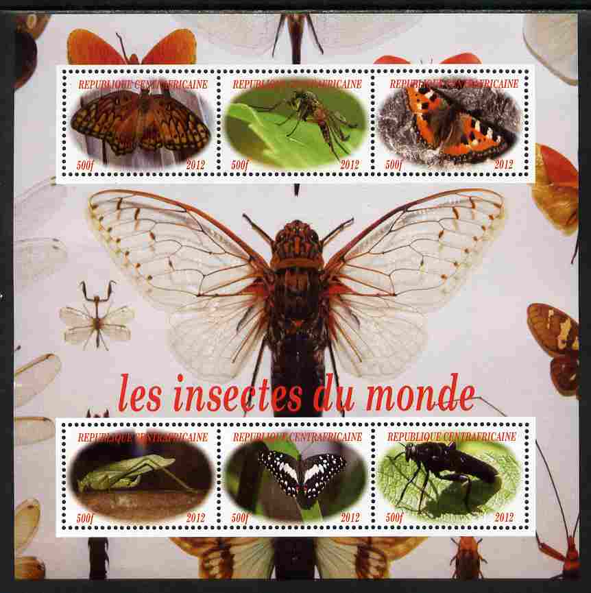 Central African Republic 2012 Insects of the World perf sheetlet containing 6 values unmounted mint. Note this item is privately produced and is offered purely on its thematic appeal, stamps on , stamps on  stamps on insects, stamps on  stamps on butterflies