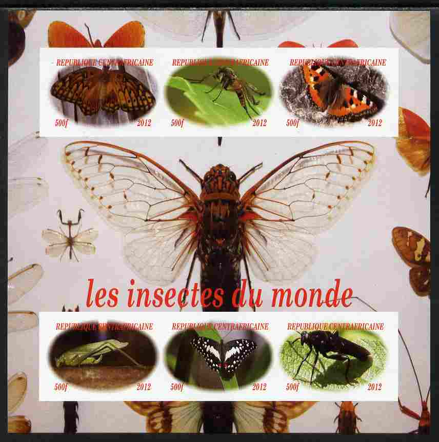 Central African Republic 2012 Insects of the World imperf sheetlet containing 6 values unmounted mint. Note this item is privately produced and is offered purely on its thematic appeal, it has no postal validity, stamps on , stamps on  stamps on insects, stamps on  stamps on butterflies