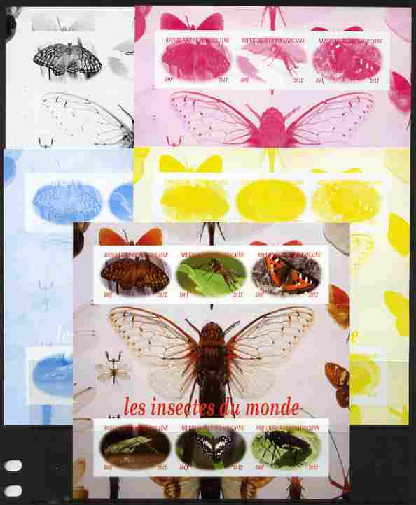 Central African Republic 2012 Insects of the World sheetlet containing 6 values - the set of 5 imperf progressive proofs comprising the 4 individual colours plus all 4-colour composite, unmounted mint , stamps on insects, stamps on butterflies