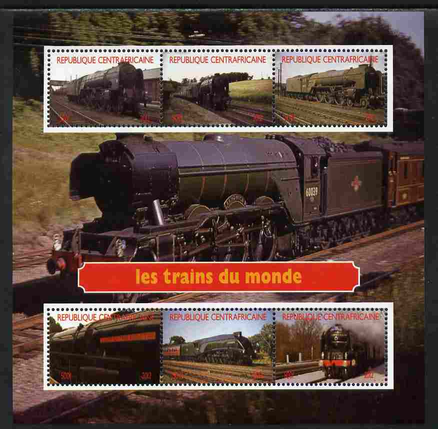 Central African Republic 2012 Trains of the World #2 perf sheetlet containing 6 values unmounted mint. Note this item is privately produced and is offered purely on its t..., stamps on railways