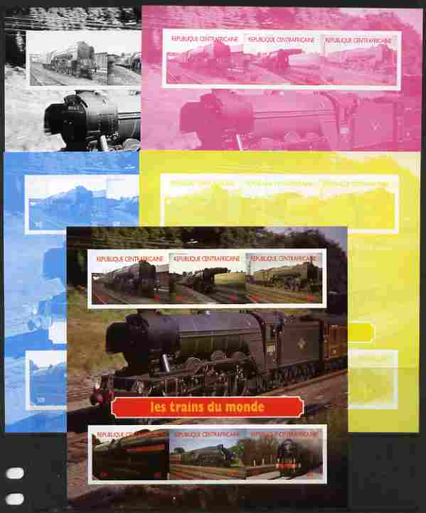 Central African Republic 2012 Trains of the World #2 sheetlet containing 6 values - the set of 5 imperf progressive proofs comprising the 4 individual colours plus all 4-..., stamps on railways