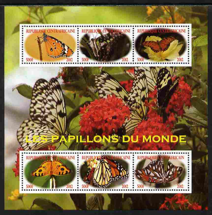 Central African Republic 2012 Butterflies of the World perf sheetlet containing 6 values unmounted mint. Note this item is privately produced and is offered purely on its..., stamps on butterflies