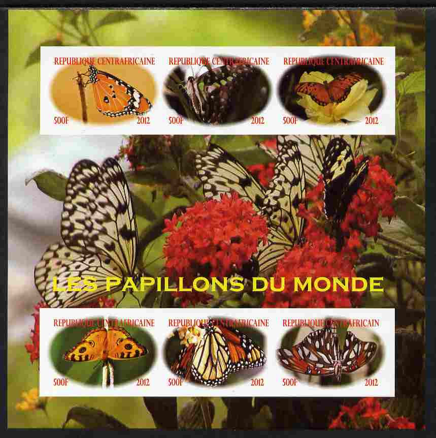 Central African Republic 2012 Butterflies of the World imperf sheetlet containing 6 values unmounted mint. Note this item is privately produced and is offered purely on i..., stamps on butterflies