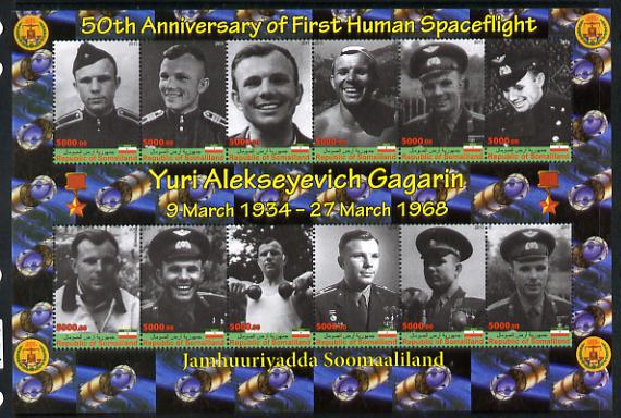 Somaliland 2011 50th Anniversary of First Human Space Flight - Yuri Gagarin imperf sheetlet containing 12 values unmounted mint, stamps on , stamps on  stamps on space, stamps on  stamps on personalities