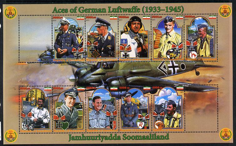 Somaliland 2011 Air Aces of the German Luftwaffe (WW2) perf sheetlet containing 10 values plus 2 labels unmounted mint, stamps on aviation, stamps on  ww2 , stamps on 
