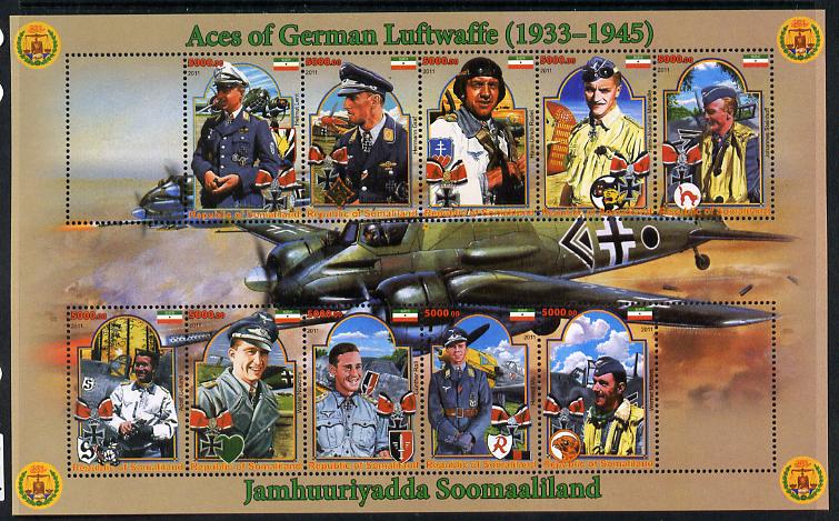 Somaliland 2011 Air Aces of the German Luftwaffe (WW2) perf sheetlet containing 10 values plus 2 labels unmounted mint, stamps on , stamps on  stamps on aviation, stamps on  stamps on  ww2 , stamps on  stamps on 