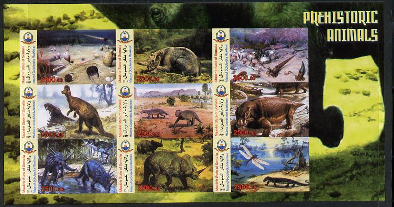 Somaliland 2011 Pre-historic Animals imperf sheetlet containing 9 values unmounted mint, stamps on , stamps on  stamps on dinosaurs