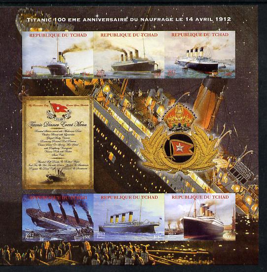Chad 2012 50th Anniversary of the Titanic Disaster imperf sheetlet containing 6 values unmounted mint. Note this item is privately produced and is offered purely on its thematic appeal, stamps on , stamps on  stamps on ships, stamps on  stamps on titanic, stamps on  stamps on disasters