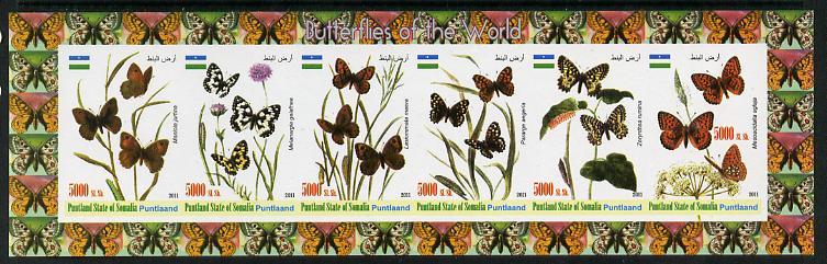 Puntland State of Somalia 2011 Butterflies of the World #1 imperf sheetlet containing 6 values unmounted mint, stamps on , stamps on  stamps on butterflies